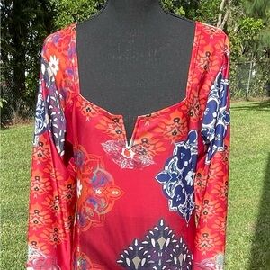 Red floral Bohemian vibe long maxi dress. V- neck pullover front smock Sz. 2XL